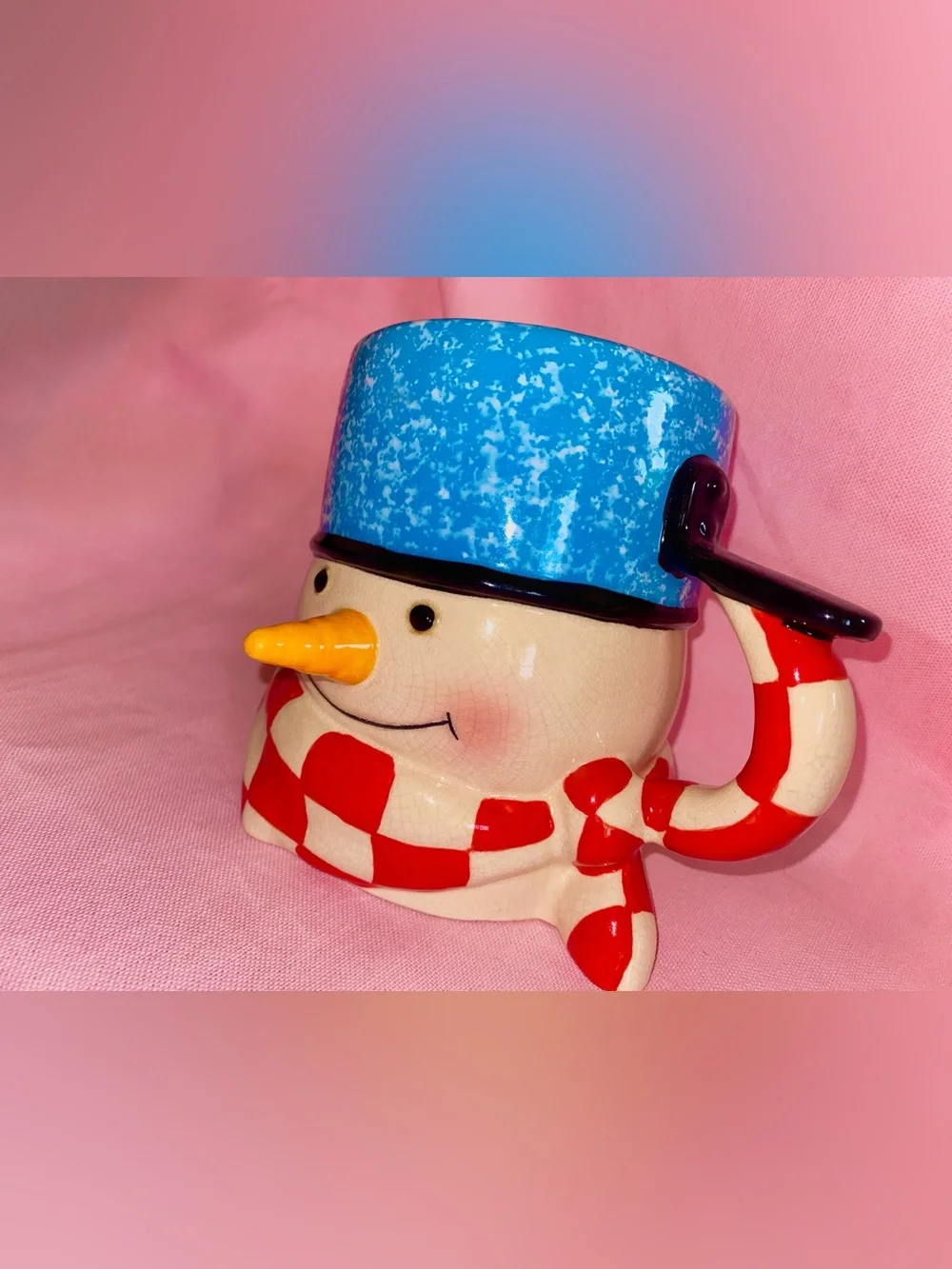 Mitford Hallmark & Jan Karon Snowman Mug Checkerboard Red Blue Hat Christmas Cup